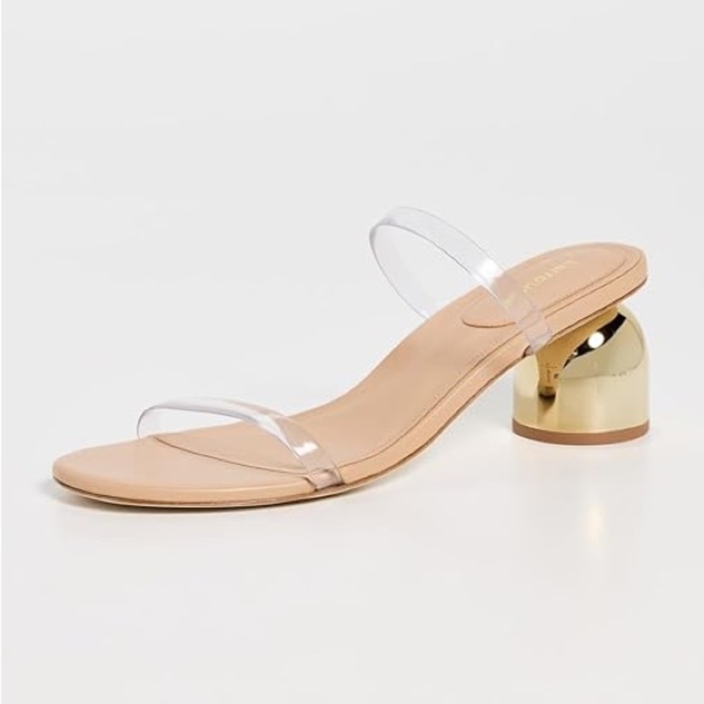 Larroude Nude Mule with Clear Straps and Gold Dome Heel